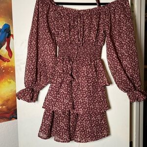 Cute off the shoulder maroon and tan dress